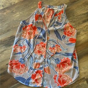 Floral Sleeveless Blouse - Orange and Blue